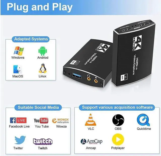 Alt view image 6 of 7 - HDMI to USB3.0/Type-C Video Capture Card with Mic & 3.5mm Audio HD 4K@60Hz Video 1080P 60fps Board Game Record For Live Streaming Video Recording