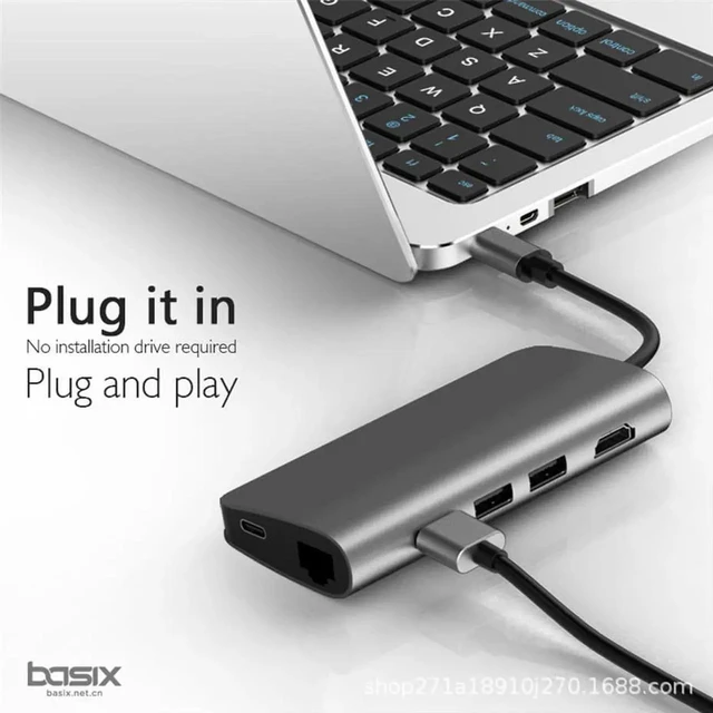 Alt view image 4 of 7 - Basix 8 in1 USB Type C 3.1 HUB for Type C to 3 USB 3.0 / 4K HDMI / RJ45 Ethernet / Micro SD TF Card Reader / USB Type C OTG HUB for MacBook Pro and Type C Windows Laptops -Gray