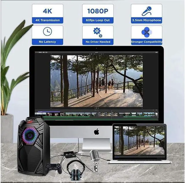 Alt view image 6 of 6 - 4K@60Hz HDMI-Compatible Video Capture Card Live Recording Box 4K HDMI to USB3.0/Type-C Video Card with Mic & 3.5mm Audio for Game Live Streaming for PS4 Computer Phones