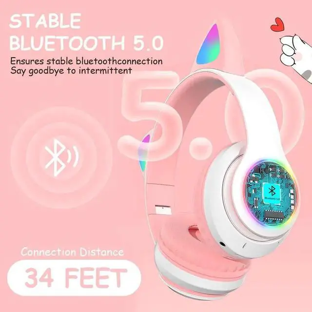 Alt view image 6 of 7 - Gemdeck Cat Ear Bluetooth Headset Luminous Cat Ear Wireless Headset Pluggable Cable Red
