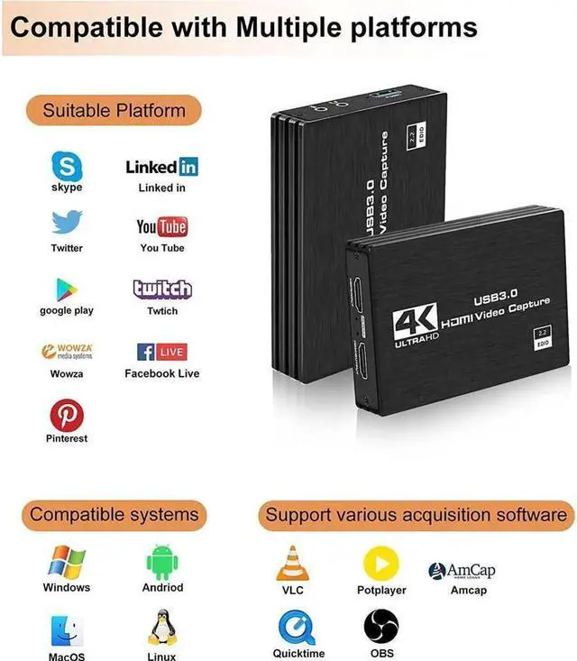 Alt view image 3 of 7 - 4KVideo Capture Card for Streaming Gaming Capture Card Nintendo Switch HDMI Capture Card HDMI to USB/Type-C Switch Game Capture Card 1080P60FPS Recording Live Streaming Work PS4/5/OBS/PC