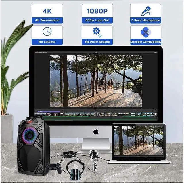 Alt view image 7 of 7 - 1080P 60fps 4K@60Hz Video Capture Device Video Capture Card Dongle HDMI-compatible to USB3.0/Type-C with Mic & 3.5mm Audio for Game Record Live Streaming Broadcast