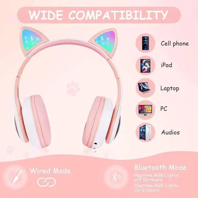 Alt view image 7 of 7 - Gemdeck Cat Ear Bluetooth Headset Luminous Cat Ear Wireless Headset Pluggable Cable Black