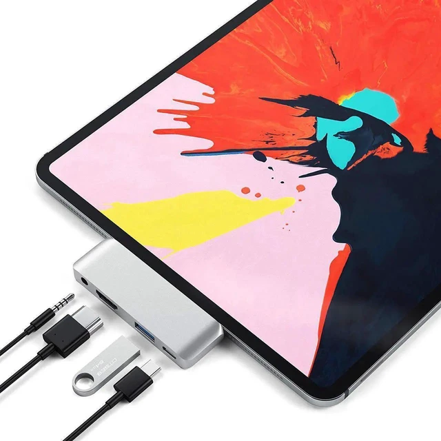 Main image of USB C Hub, 4 in 1 Type C Hub Adapter with 1 USB 3.0 Port, 3.5mm Headphone Jack, PD Charging and 4k HDMI, for iPad Pro 11"/12.9" 2018 & MacBook Pro and Other Type C Devices, Silver