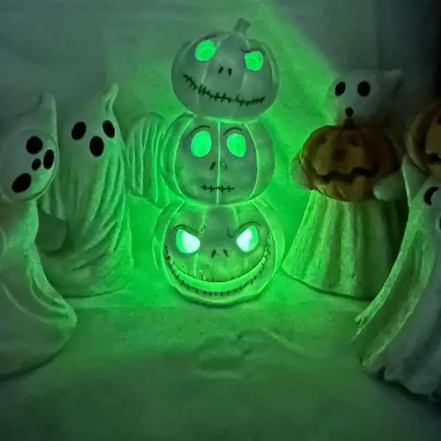 Alt view image 4 of 5 - Gemdeck Halloween Decor Ghost With Pumpkin Light Up Jack-o'-lantern Ceramic Pumpkin Light E