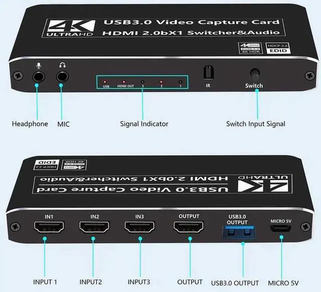 Alt view image 4 of 7 - 3X1 4K@60Hz Video Capture Device Video Capture Card 4K 60fps HDMI-compatible to HDMI&USB3.0/Type-C with Mic & 3.5mm Audio & IR for Game Record Live Streaming Broadcast