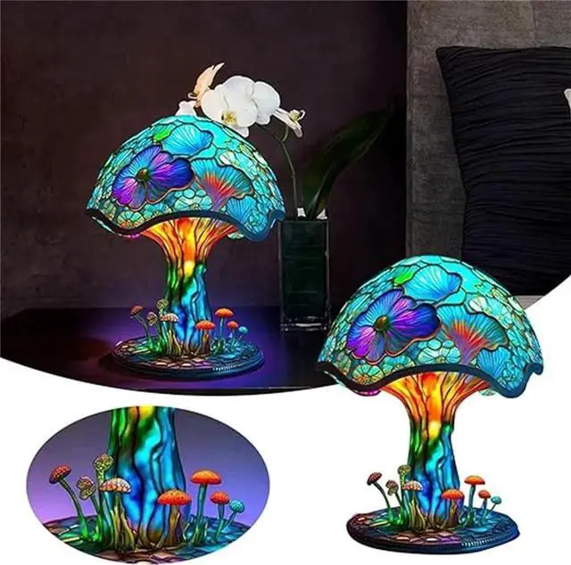 Alt view image 4 of 5 - Gemdeck Painting Mushroom Table Lamp, Hight Stained Plant Series Night Light, Bohemian Resin Mushroom Decorative I
