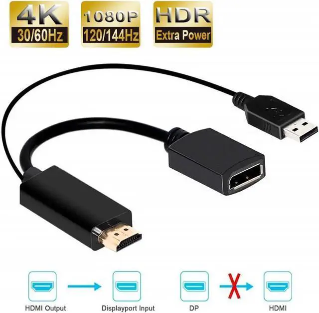 Main image of 4K@60Hz HDMI to DisplayPort (DP) Adapter, Gold-Plated Uni-Directional HDMI PC to Display Port Screen Converter (Male to Female) Compatible with More, Active, Black