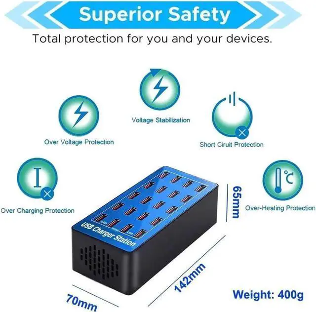 Alt view image 6 of 7 - Multiple Chargers USB Charging Station, 20-Port 100W 20A Desktop USB Charging Station for Hotels, Schools, Shops, Shopping malls and Travel - Blue