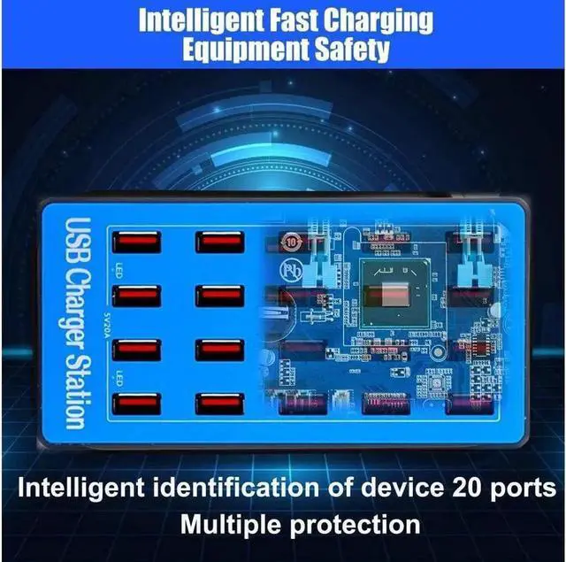 Alt view image 7 of 7 - Multiple Chargers USB Charging Station, 20-Port 100W 20A Desktop USB Charging Station for Hotels, Schools, Shops, Shopping malls and Travel - Blue