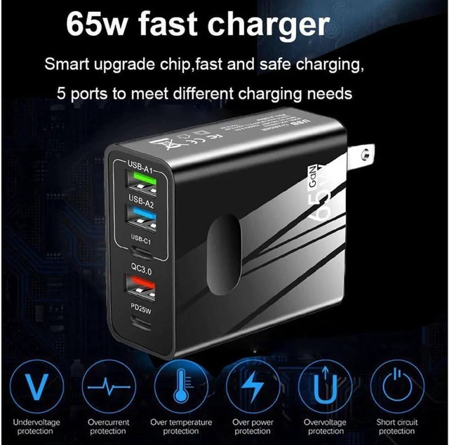 Alt view image 6 of 7 - 5 Port USB Type C Charger, 65W Fast Wall Charger, PD 3.0 Type C Charging Block Travel GaN Charger Adapter for iPhone Pro, Samsung, MacBook Pro/Air, iPad, Laptops, Dell XPS 13 - White