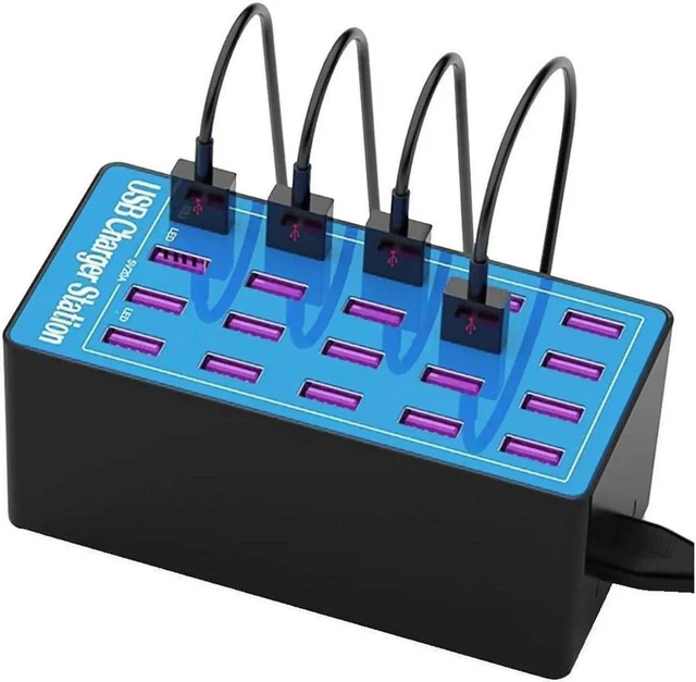 Alt view image 3 of 7 - Multiple USB Charging Station, 20 Ports 100W(20A) Fast Charger Station with Power Switch, Desktop Charging Station for Multiple Devices Compatible with Cell Phones iPad Kindle Tablet - Blue