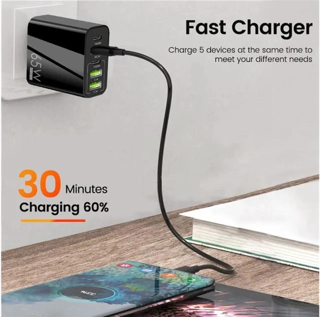 Alt view image 7 of 7 - 5 Port USB Type C Charger, 65W Fast Wall Charger, PD 3.0 Type C Charging Block Travel GaN Charger Adapter for iPhone Pro, Samsung, MacBook Pro/Air, iPad, Laptops, Dell XPS 13 - White