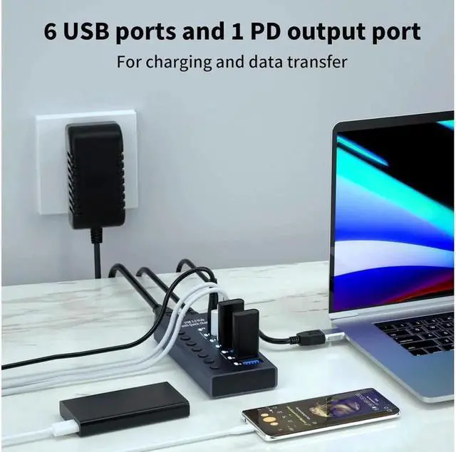 Alt view image 7 of 7 - 7-Port Powered USB 3.0 Hub with 4 USB 3.0 Data Transmission Ports + 2 Smart Charging Ports + 1 PD Charging Port USB Splitter for Laptop/PC work for Mouse Keyboard Hard Drive or More USB
