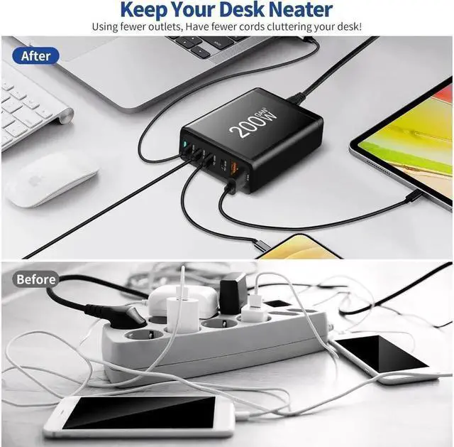Alt view image 4 of 7 - 200W GaN USB C Quick Charge QC3.0 PD 3.0 TypeC 6-Port Supercharge Plug For iPad iPhone Samsung Xiaomi Universal Fast Charger - Black