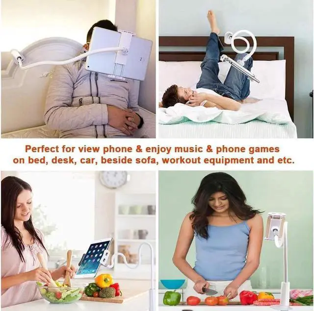 Alt view image 3 of 7 - Gooseneck Tablet Holder Phone Stand Flexible Arm 360 Mount Clip Adjustable Bracket Clamp Stand Compatible with iPad iPhone Nintendo Switch Tabs Amazon Kindle Fire HD (White)