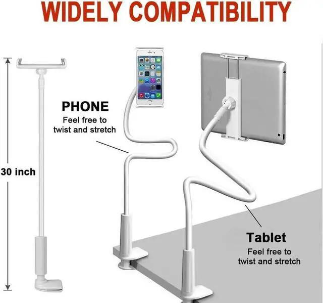 Alt view image 7 of 7 - Gooseneck Tablet Holder Phone Stand Flexible Arm 360 Mount Clip Adjustable Bracket Clamp Stand Compatible with iPad iPhone Nintendo Switch Tabs Amazon Kindle Fire HD (White)