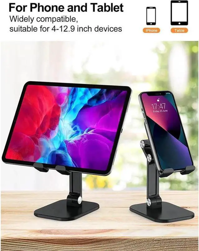 Main image of Upgraded Adjustable Desktop Cell Phone Holder, Cradle Dock Tablet Stand, Foldable Phone Stand Dock For (4.7-12.9") iPad, ipad Pro 12.9, Air Mini 4, iPhone, Kindle, Switch, Black