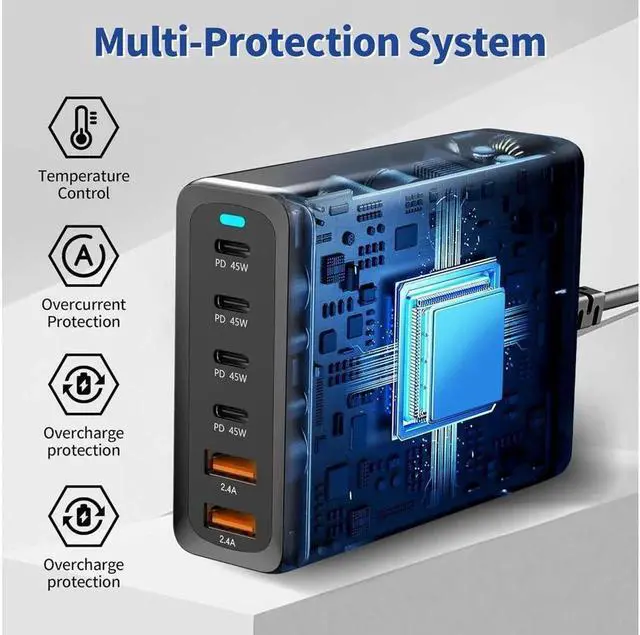 Alt view image 7 of 7 - 6-Port USB C Charger 200W QC3.0 PD3.0 GaN Charger Type C Adapter with Fast Desk Charger Compatible for iPhone, MacBook Pro, iPad Pro, Switch, Galaxy S22/S21