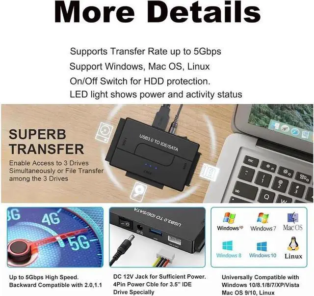 Alt view image 6 of 7 - SATA/IDE to USB 3.0 Adapter, Hard Drive Reader Adapter Ultra Recovery Converter for 2.5" 3.5" HDD/SSD, USB to SATA/IDE with 12V Power Adapter