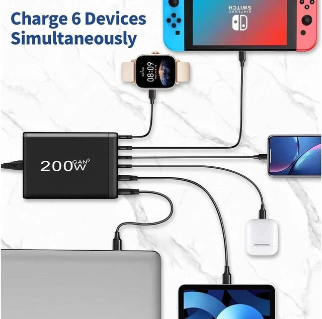 Alt view image 3 of 7 - 6-Port USB C Charging Station, Charger GaN 200W, QC3.0 PD3.0 Fast Compact Desk Charger for MacBook Pro/Air, Dell XPS,iPhone 15 Pro,ipad pro,Galaxy S23,Pixel 7