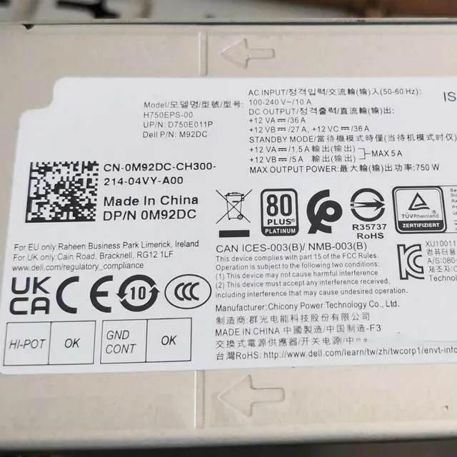 Alt view image 3 of 3 - H750EPS-00 For 7000 5000 T3660 Power supply 750W M92DC