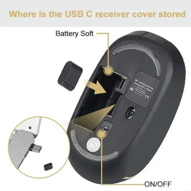 Alt view image 4 of 4 - 2.4G Wireless Mouse for Laptop Ergonomic Computer Mouse with USB Receiver Type-C Adapter 1200DPI Cordless Wireless Mice