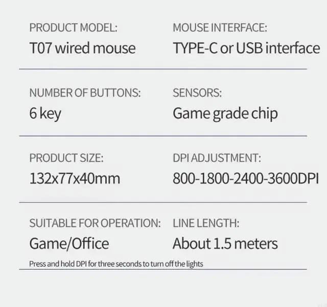 Alt view image 3 of 4 - TypeC Mouse 6 Buttons USB C Gaming Mouse with LED Lights Backlit 3600DPI Adjust