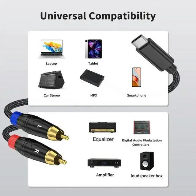 Alt view image 3 of 4 - 1m USB C Male to 2RCA Male Stereo Cable Cord Gold Plated Connectors Wire
