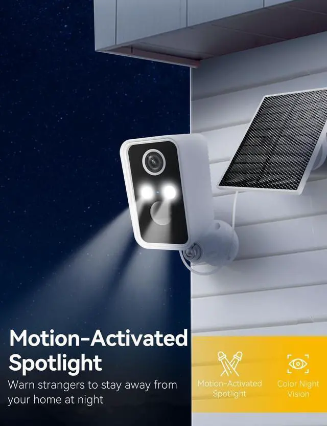 Alt view image 3 of 7 - Solar Camera Outdoor Wireless, Battery Security Cameras with Solar Panel for Home Security, Motion Detection, Night Vision, Alexa, 2.4G Wi-Fi Only, Only Event Recording