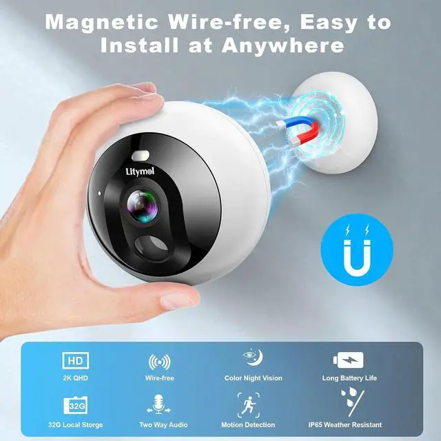 Alt view image 3 of 7 - 2K 32G MagCam, Security Cameras Wireless Outdoor Indoor for Home Security with AI Motion Detection, 32G SD/Cloud Storage, Color Night Vision, 2-Way Audio