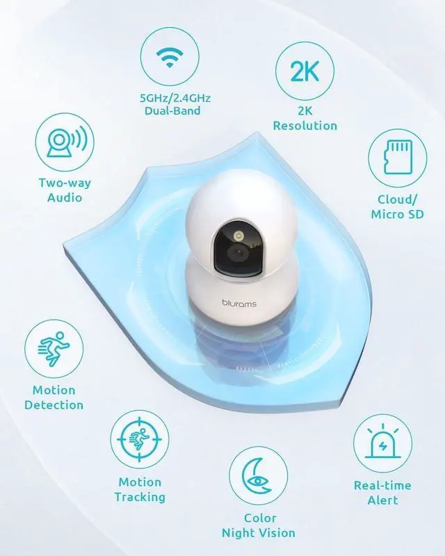 Alt view image 2 of 7 - blurams Cameras for Home Security, 2K Pet Camera with Phone App, 360° PTZ Indoor Cameras, 2-Way Talk, Motion Tracking, Color/IR Night Vision, Cloud&SD, Works with Alexa (2Pack, 5GHz/2.4GHz Dual-Band)