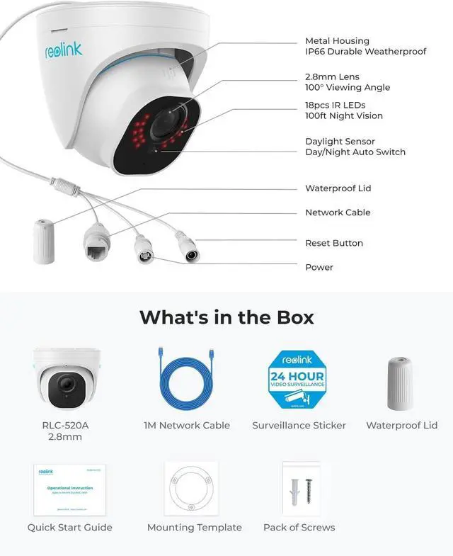 Alt view image 7 of 7 - REOLINK 5MP PoE Security Camera, 2.8mm Len, 130° Diagonal, 100ft IR Night Vision, Up to 256GB SD Card, Built-in Mic, Human/Vehicle/Pet Detection for Outdoor Indoor Home Surveillance, RLC-520A-2.8mm