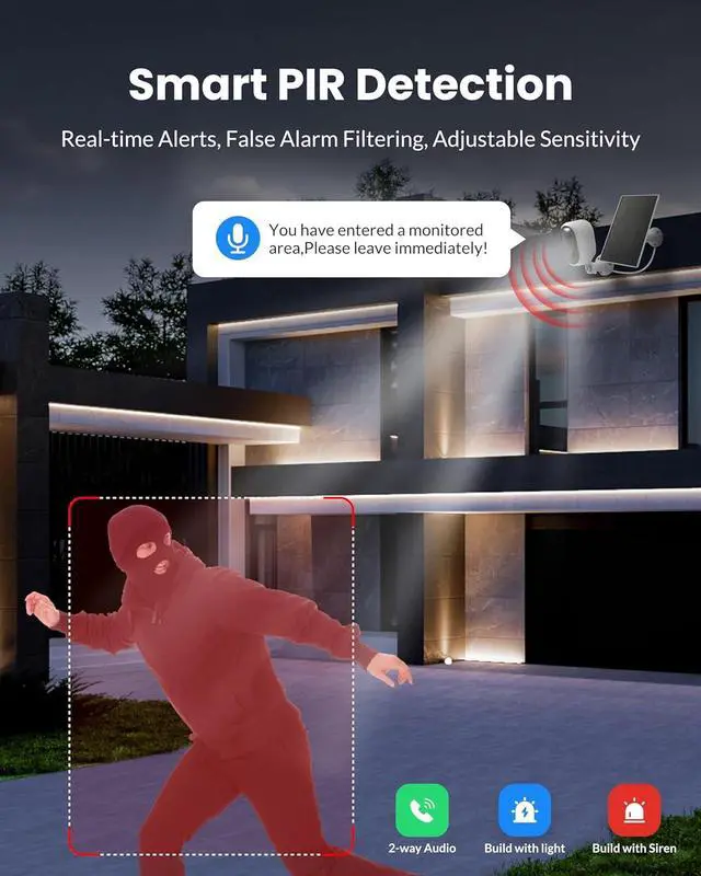 Alt view image 6 of 7 - Solar Security Camera Outdoor Wireless 2 Pack, 2K Color Night Vision, Battery Powered PIR Motion Detection,2.4GHz WiFi Cameras for Home Surveillance, Light and Sound Alarm, 2-Way Audio