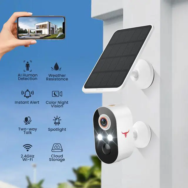 Alt view image 2 of 7 - 1080p Wireless Security Camera with Solar Panel, AI Human Detection, 2-Way Talk, Night Vision, Cloud Storage, Rechargeable Battery Included, Camera for Home Security, 2.4G WiFi (1 Pack)