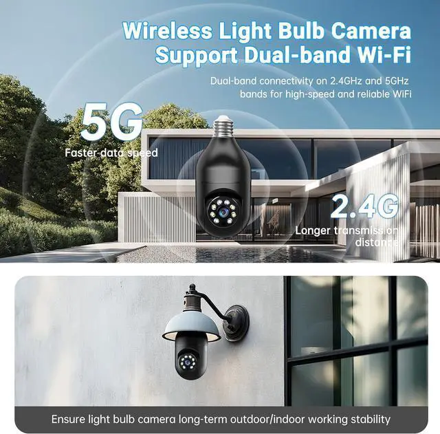 Alt view image 2 of 7 - 2K Light Bulb Security Camera, 2.4/5GHz Wi-Fi 6 Security Cameras Wireless Outdoor, 360° PTZ Cameras for Home Security with Color Night Vision, AI Human Detection, 2 Way Talk, Easy Installation,2 Packs