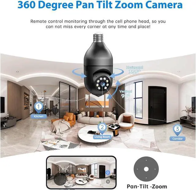 Alt view image 4 of 7 - 2K Light Bulb Security Camera, 2.4/5GHz Wi-Fi 6 Security Cameras Wireless Outdoor, 360° PTZ Cameras for Home Security with Color Night Vision, AI Human Detection, 2 Way Talk, Easy Installation,2 Packs