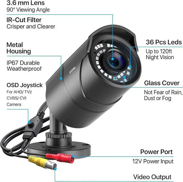 Alt view image 2 of 7 - ZOSI 2MP HD 1080p 1920TVL Security Camera Outdoor Indoor (Hybrid 4-in-1 HD-CVI/TVI/AHD/960H Analog CVBS), 36PCS LEDs,120ft IR Night Vision,105° View Angle Surveillance CCTV Bullet CameraBlack Color)