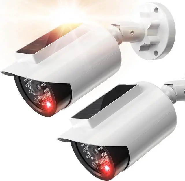 Main image of BNT Solar Powered Fake Security Camera, Bullet Shape Fake Surveillance Camera with Red LED Light for Night, Security Warning Sticker, for Outdoor Safety Alert (White 2Pack,Battery not Included)