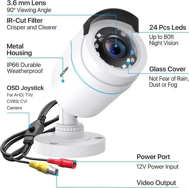 Alt view image 7 of 7 - ZOSI 2MP 1080p HD Security Camera Outdoor Indoor 1920TVL (Hybrid 4-in-1 HD-CVI/TVI/AHD/960H Analog CVBS),24PCS LEDs,80ft Night Vision, 90°View Angle, Weatherproof Surveillance CCTV Bullet Camera