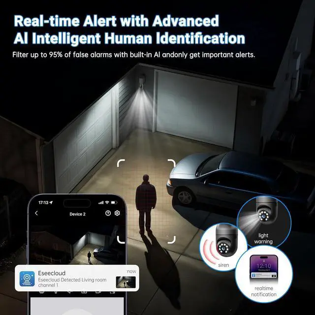 Alt view image 7 of 7 - 2K Light Bulb Security Camera, 2.4/5GHz Wi-Fi 6 Security Cameras Wireless Outdoor, 360° PTZ Cameras for Home Security with Color Night Vision, AI Human Detection, 2 Way Talk, Easy Installation,2 Packs