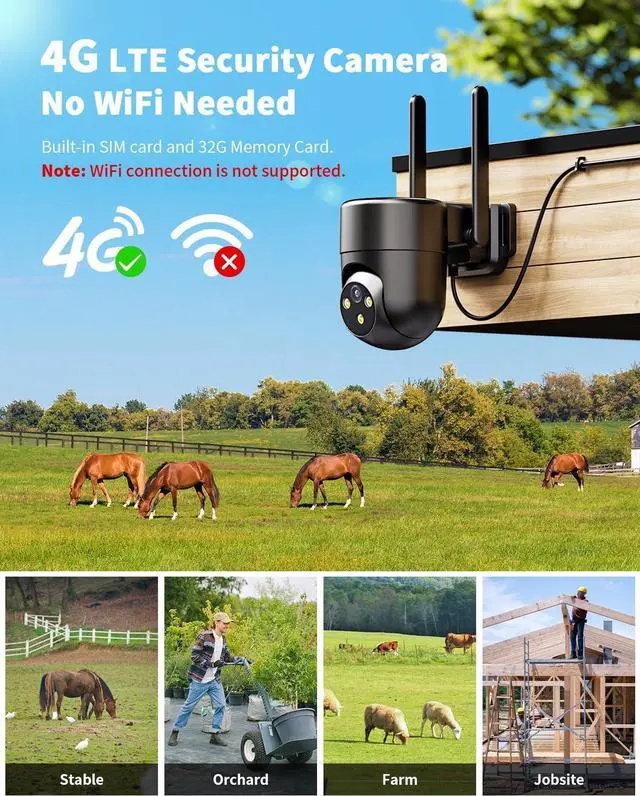 Alt view image 2 of 7 - LIWAN 4G LTE Cellular Security Camera Outdoor Wired, No WiFi Security Camera, Plug-in for 24/7 Recording, 360° View, 2K Color Night Vision, 2-Way Talk, Built-in SIM Card and 32G Memory Card, Black