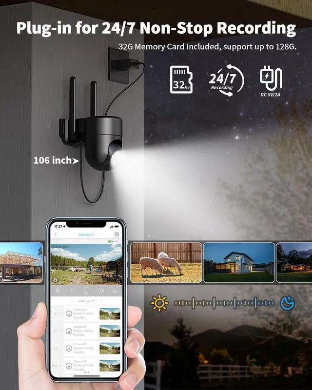 Alt view image 3 of 7 - LIWAN 4G LTE Cellular Security Camera Outdoor Wired, No WiFi Security Camera, Plug-in for 24/7 Recording, 360° View, 2K Color Night Vision, 2-Way Talk, Built-in SIM Card and 32G Memory Card, Black
