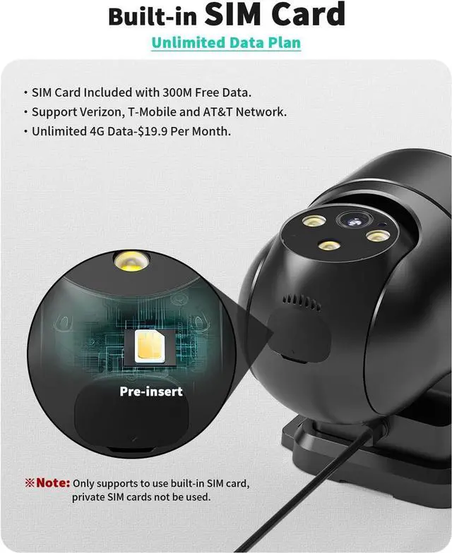 Alt view image 4 of 7 - LIWAN 4G LTE Cellular Security Camera Outdoor Wired, No WiFi Security Camera, Plug-in for 24/7 Recording, 360° View, 2K Color Night Vision, 2-Way Talk, Built-in SIM Card and 32G Memory Card, Black