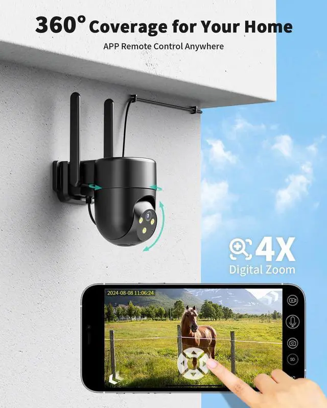 Alt view image 6 of 7 - LIWAN 4G LTE Cellular Security Camera Outdoor Wired, No WiFi Security Camera, Plug-in for 24/7 Recording, 360° View, 2K Color Night Vision, 2-Way Talk, Built-in SIM Card and 32G Memory Card, Black