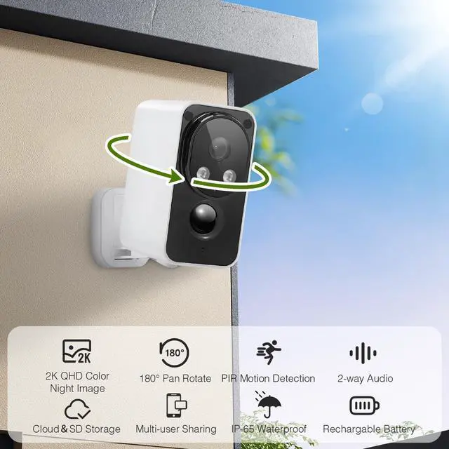 Alt view image 2 of 7 - Security Cameras Wireless Outdoor 180° Pan Rotate 2K Color Night Vision Cameras for Home Security Motion Detection Siren 2-Way Talk Battery Powered IP65 Waterproof 2.4GHz WiFi Cloud/SD Storage 2-Pack