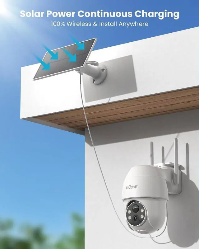Alt view image 2 of 7 - ieGeek Solar Security Cameras Wireless Outdoor, 2K 2.4G WiFi Camera with Solar Panel and Battery Powered, Color Night Vision with Spotlight, 360° PTZ, 2-Way Audio, PIR Motion Sensor, no Subscription
