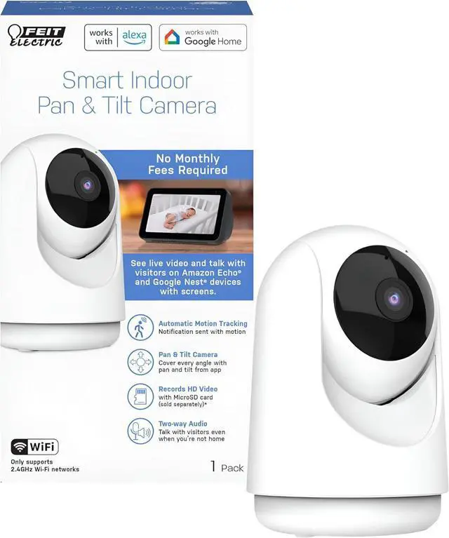 Main image of Feit Electric Indoor Security Camera with Motion Detection, 30ft. Night Vision, Pan and Tilt Head, 2.4GHz WiFi, 2-Way Audio, 1080p HD, Works with Alexa & Google Asst, Plug-in, White, CAM/PAN/WiFi/G2