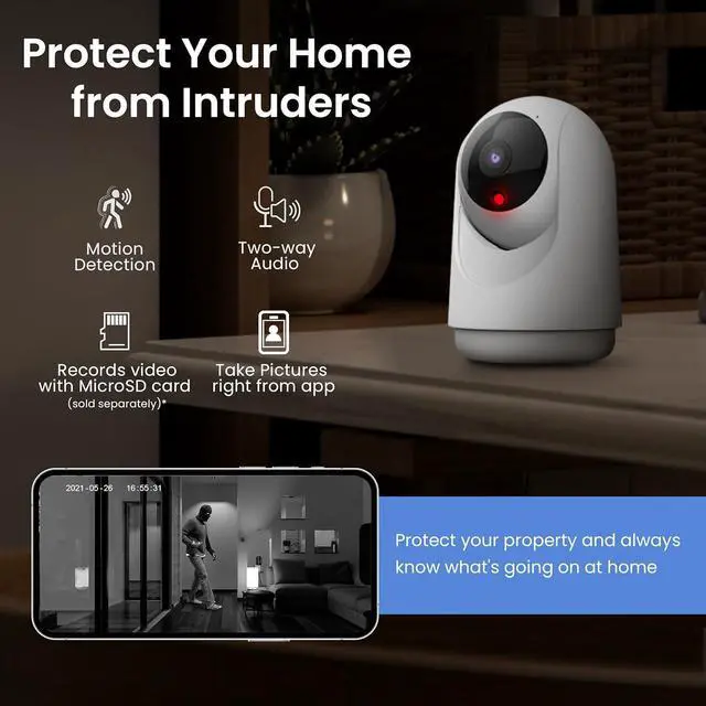 Alt view image 3 of 7 - Feit Electric Indoor Security Camera with Motion Detection, 30ft. Night Vision, Pan and Tilt Head, 2.4GHz WiFi, 2-Way Audio, 1080p HD, Works with Alexa & Google Asst, Plug-in, White, CAM/PAN/WiFi/G2