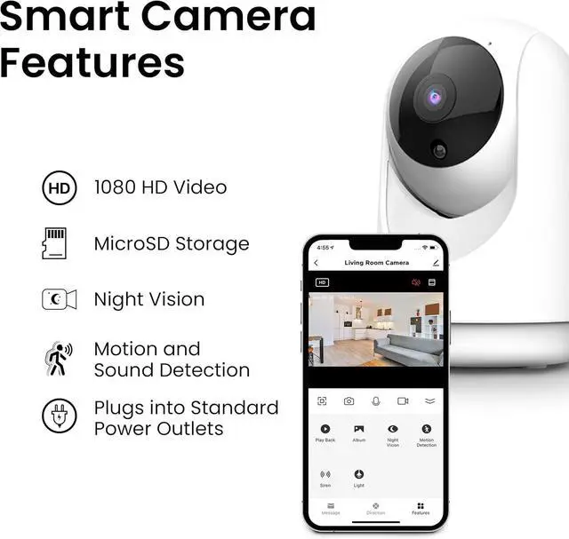 Alt view image 5 of 7 - Feit Electric Indoor Security Camera with Motion Detection, 30ft. Night Vision, Pan and Tilt Head, 2.4GHz WiFi, 2-Way Audio, 1080p HD, Works with Alexa & Google Asst, Plug-in, White, CAM/PAN/WiFi/G2